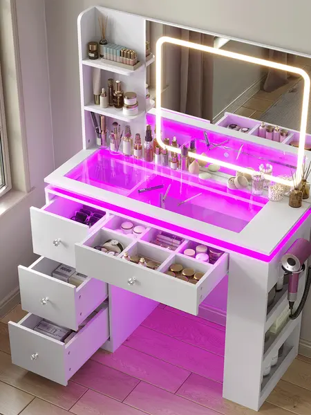 Makeup Vanity Desk with LED Mirror, RGB Ambient Lights, Power Outlet & Hair Dryer Rack, Large Storage Drawers for Bedroom
