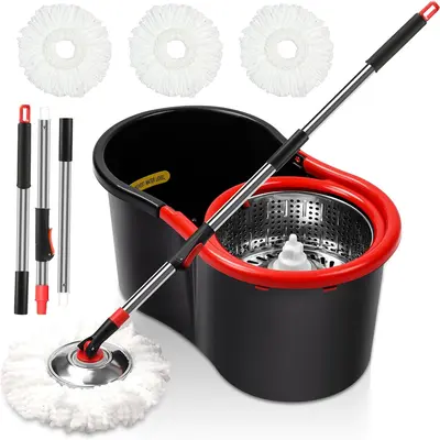 [Spin Mop Set] 3 Microfiber Mop Heads & 51" Adjustable Handle | Spin Mop and Bucket with Wringer Set - Stainless Steel, Black
