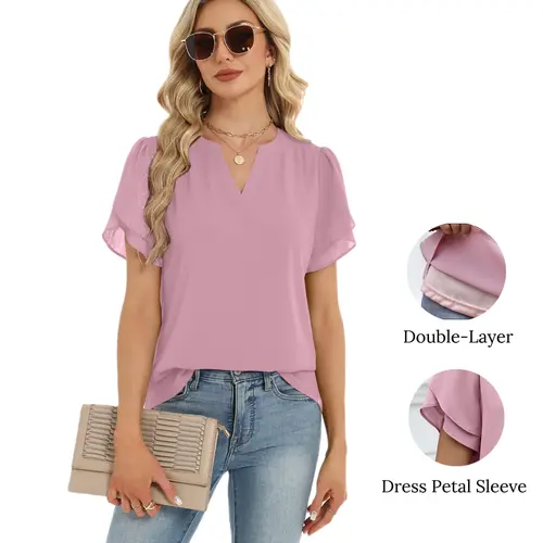 Women's Dressy Casual Chiffon Blouse Short Sleeve V Neck Double-Layer Comfort Petal Sleeves Smooth Drape Feminine Lady's Work & Business Casual Summer Tops 2026 Blazers Elegant Floral Floral summerwins