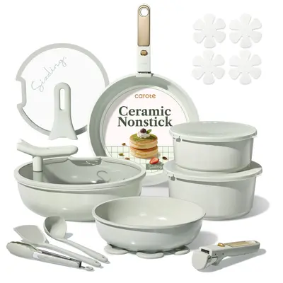 [Official] CAROTE Macaron Color 20Pcs Ceramic Cookware Set Stand-Up Lid with Detachable Handle Set, Non Stick Pots and Pans Set Non Toxic, PFAS Free