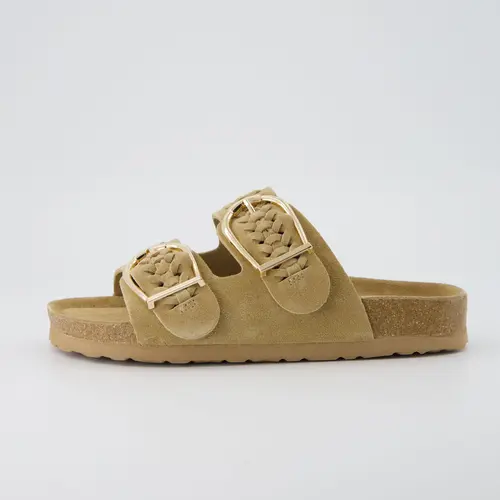 Cushionaire Cashew Slip On Genuine Suede Leather Sandals for Women - Braided Double-Strap Design with Adjustable Gold Tone Oversized Buckle, Comfortable Summer Shoes for Women