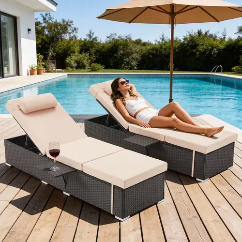 【Summervibes】Outdoor Patio Chaise Lounge 2/4/6-Piece Set with Side Table, PE Rattan Wicker Adjustable Pool Deck Recliner with Thickened Cushion, All-Weather Beach Sun Lounger for Poolside, Garden, Backyard, Balcony,outdoorfurnitureset