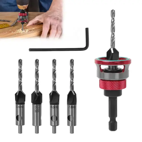Countersink Drill Bit Set with Depth Stop 4PCS, HCS Four Blades Countersink Bits with Adjustable Depth Stop and L Shape Wrench, Wood Countersink Bit Set for Wood, Plastic, Woodworking outdoorfun