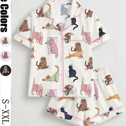 Women's Cat Print Pajama Set, Short Sleeve Button Front Top & Elastic Shorts, Casual Home Wear, Loungewear, Comfortable Sleepwear for All Seasons, Pjs, Casual Pajamas Outfit