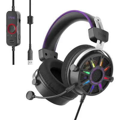 fifine H19 Open Back USB Gaming Headset, 7.1 Virtual Surround Sound, 53mm Dynamic Drivers, RGB Headphone with Handy Control Box, Detachable Boom Mic, for PC, PS5, PS4, Laptop, Mac