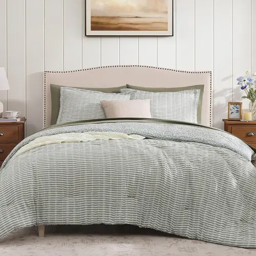 【Deals For You Days】Full Comforter Set - 7 Pieces Green Gauze Muslin Bedding Sets for All Seasons, Lightweight Breathable Bed in a Bag Full with Revesible Farmhouse Comforter, Sheets, Pillowcases & Shams