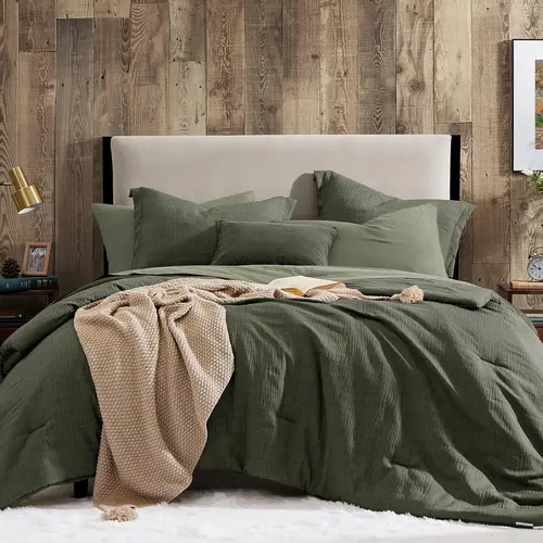 Dark Olive Green Queen Comforter Set - 7-Piece All Seasons Bedding Set, 130gsm Linen Top & 100gsm Reverse Soft Textured Bed-in-a-Bag with Sheets, Quilt for Home & Bedroom Decor