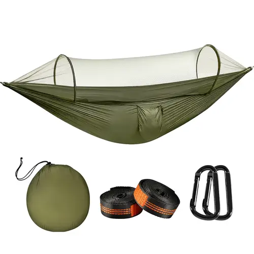 Camping Hammock With Mosquito Net, Automatic Quick-Open Camping Outdoor Hammock For Camping and Picnicking, Portable Hammock With Straps, Hammock For Outside, Backyard Camp, Attached Carry Bag, Camping Essentials,