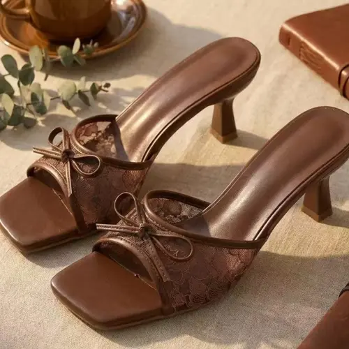 Elegant Coquette Aesthetic Chocolate Lace & Bow Decor Mules, Square Toe Kitten Heel Slip-On Sandals Women Shoe Summer Chic Summer Footwear