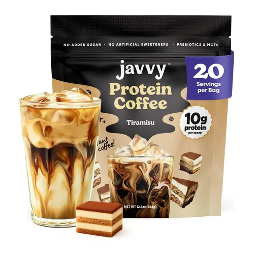 Javvy Tiramisu  Protein Iced Coffee Beverage - Premium Arabica Cold Brew, Whey Protein, 80 mg Caffeine Per Serving, 0 Artificial Flavors/Sweeteners, No Added Sugar, 20 Servings Instant Coffee