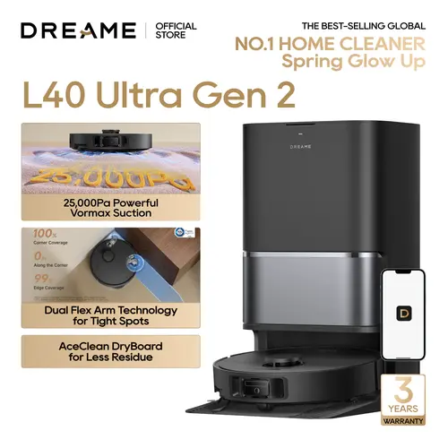 【Super Brand Day】DREAME L40 Ultra Gen 2 Robot Vacuum and Mop with 25,000Pa Suction, Extendable Side Brush and Mop, All-in-One Self-Emptying & Cleaning Dock, Voice & App Control, Black