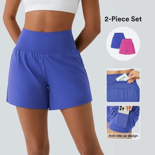 Halara 2-Piece Super High Waisted Back Pocket & Side Hidden Pocket 2-in-1 Yoga Shorts Set 5''-Longer Length