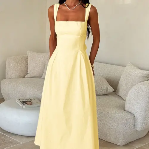 Elegant Vintage Square Neck Back Tie Adjustable Strap Dress, Sleeveless Fitted Strappy Midi Dress, Plain Style for Day-to-Evening Casual Women's Wear