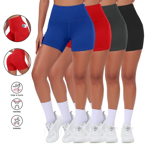 4 Packs Womens Biker Shorts with Pocket, High Waisted Tummy Control Spandex Yoga Workout Shorts