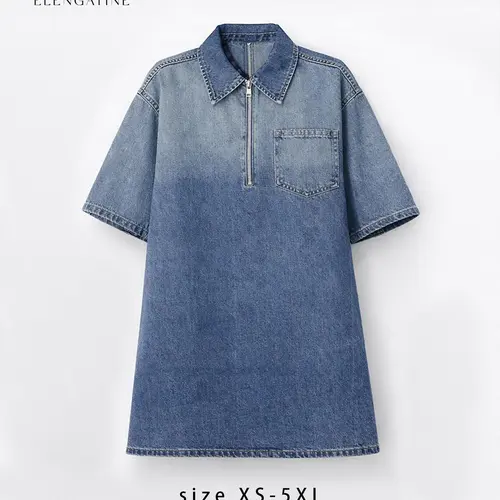 Elengatine Women's Denim Dress Half-Zip Collared Vintage Washed Blue Loose Fit Short Sleeve One Chest Pocket Trendy Casual Top for Daily Wear & Street Style Looks - Chic Spring, Summer & Autumn - Womenswear Suitable for all people, sizes XS - 5XL,summervi