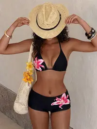 Women's Fashion Floral Swimsuit Set, Tie-Back Triangle Top and High-Waisted Shorts, Lily Pattern, Beach Bikinis, Bikini Swimsuit Outfit, for Summer Vacation Beachwear, Flower Print Bikini, Bikinis Sets