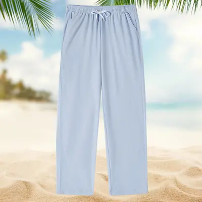Men's Plain Lightweight Stretch Textured Straight-Leg Menswear Pajama Pants - Drawstring Waist, Polyester-Spandex Blend, Loungewear for Daily Wear