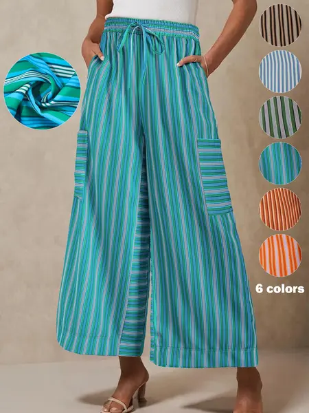 Women's Striped Print Wide Leg Pants, Elegant Fashion Casual Trousers for Daily Outdoor Wear, Women's Bottoms for Summer, Casual Basic Bottoms, Womenswear