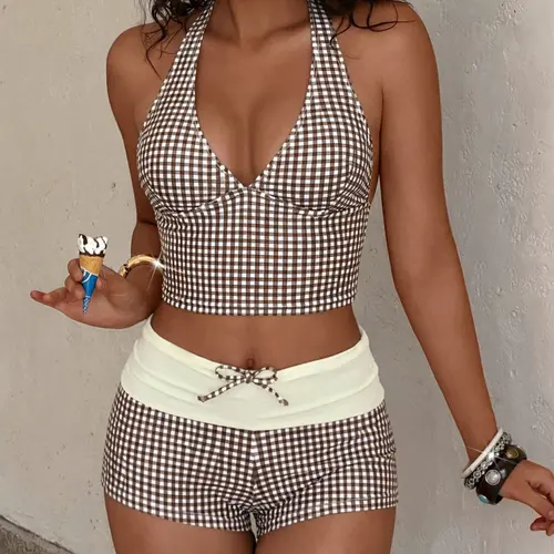2026 Summer Women's Gingham Two-Piece Bikini Set, Plaid Print Bikini, Retro Essential Swimsuit, Urban Beach Style, Charming Seductive Swimwear, Bikinis Set, Perfect for Pool Party and Luxury Beach Vacation
