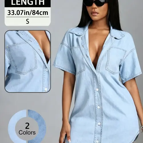 Elegant Summer Women's Lapel Short Sleeve Slim Fit Button Collared Dress, Single Button Denim Shirt Mini Skirt, Stylish Casual Wear