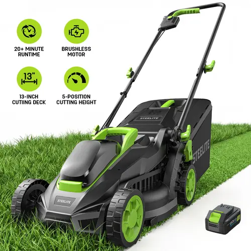 【DealsForYouDays】STEELITE 20V 13-Inch Brushless Electric Lawn Mower, 4.0Ah Battery & Charger Included, Ultra-Lightweight Cordless Electric Push Mower, Easy Operation for Small Lawn, Yard, Garden