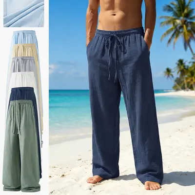 Men’s summer lightweight casual retro pants | Loose fit, drawstring tie, breathable and stylish, suitable for indoor gatherings and outdoor activities, minimalist design | Material: 100% polyester fiber