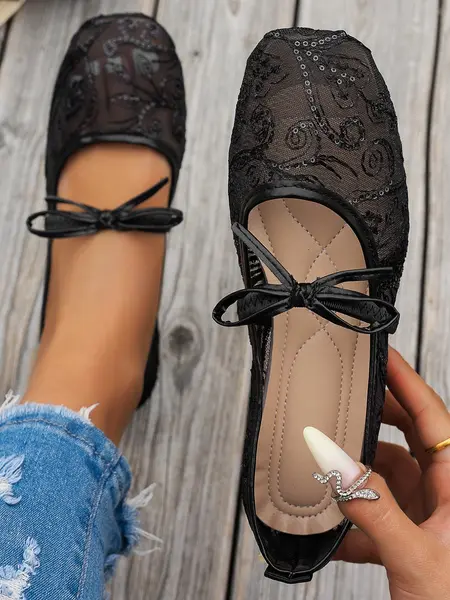 Women's Lace Sequins Ballet Flats, Square Toe Flat Shoes, French Fairy Style, Mesh Upper, Footwear, Slip-On Flats, Ballerina Flats Shoes