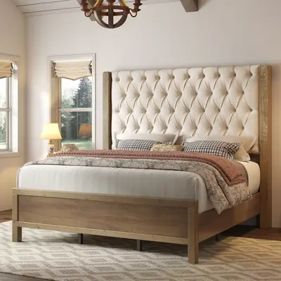 Amerlife 57" Tall Farmhouse Solid Wood Sturdy Platform Bed Frame, Linen Upholstered Wingback Headboard with Deep Button Tufted Lines, No Box Spring Needed, Easy Assembly, Bedroom Furniture, Linen Upholstered Headboard