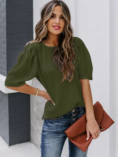Women's Minimalist Casual Solid Color Summer Bubble Sleeves Top, Short Sleeve Round Neck T-Shirt, Elegant Fitted Top for All Seasons