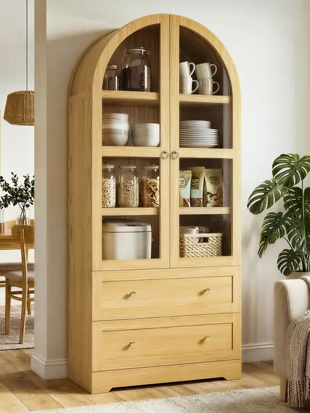 LIKIMIO 71" Tall Arch-Shaped Floor-Mounted Farmhouse Wood Storage Cabinet Chest - Glass Doors, 2 Large Drawers, Adjustable Shelves, Curved Tall Cupboard Sideboard for Home Organization Storage in Kitchen, Dining Room