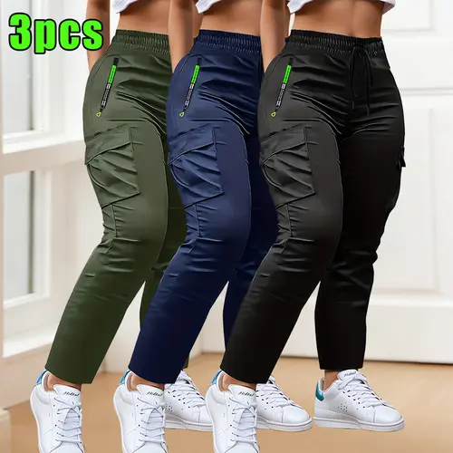 3-Pack women's multi-pocket thin overalls, four-season drawstring fashion pull-pocket design straight casual trousers, suitable for outdoor sports and daily appointments Summervibes; no stretch.
