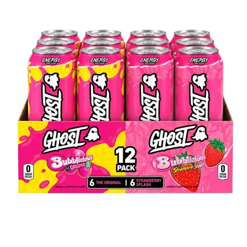 GHOST Caffeinated Energy Beverage 12-Pack Case - 0 Sugar, Low Calorie, Carnipure L-Carnitine, Energy Booster, Sports Beverage, Fitness Drink, BUBBLICIOUS Flavor (Summerwins Available)