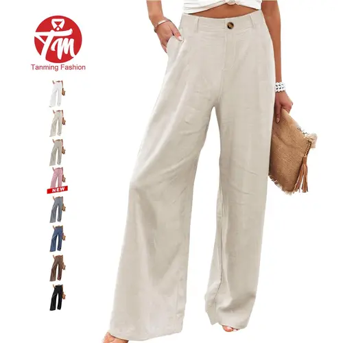 Tanming Womens Cotton Linen Pants Casual Button Up High Waisted Wide Leg Trousers Minimalist Basic Breathable Fabric Casual Loose Comfy Summer Beach Trousers,summerwins,summeroutfits,vacationoutfits,beachoutfits