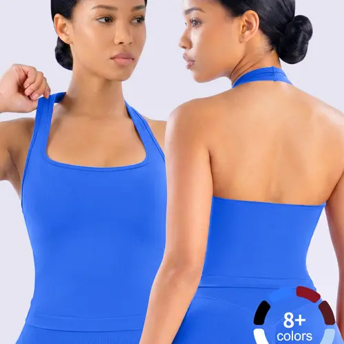 1/2/3 Pcs Women's Yoga Halter Neck Tank Top with Removable Pads, Three-Layer Seamless Backless Tank Tops Casual Solid Color Soft All Seasons Wear, Yoga Sportswear