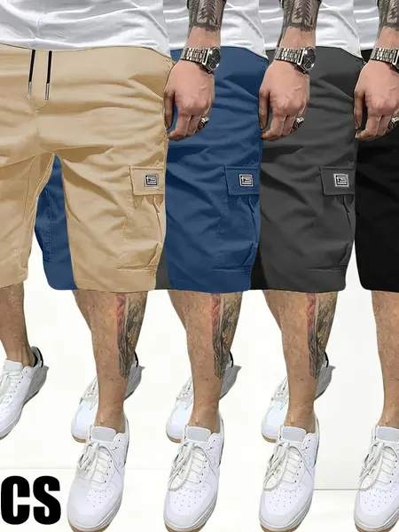 Men’s solid-color cargo shorts, 4-pack; lightweight fashion shorts with flap pockets; available in multiple colors; stretch fabric with four-way stretch; outdoor work pants for men Beige Athletic,summervibes Activewear Trouser,summerwins,father'sdaygifts