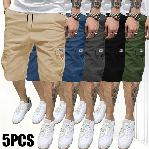 Men’s 5-Piece Baggy Cargo Shorts Set - Adjustable Drawstring Waist, Casual Style, Multi-Pocket, 4-Way Stretch, Cold Wash, Suitable for Fitness Camping&Hiking, Beige Activewear Athletic, Father's Day Gifts  shorts for the summer short shorts jorts for men