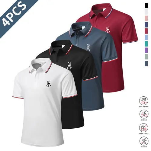 Men’s casual short-sleeve polo shirt set, 4 pieces, mixed colors; printed polo shirts, breathable and cool, suitable for all seasons—an ideal choice for holiday gifts.,summerwins,father'sdaygifts Activewear Shortsleeve