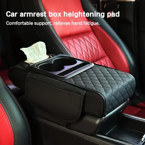 car armrest pad, 5-in-1 center console cover, with 2 storage bag cup holders, tissue box slot, sedan phone slot, car parts interior organizer (black and red)