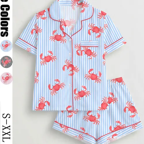 Women's 2-Piece Crab Print Collared Pajama Set, Short-Sleeve Button-Up Top & Elastic Shorts, Casual All-Season Sleepwear, Homewear and Loungewear Set for Home and Party, Pyjamas