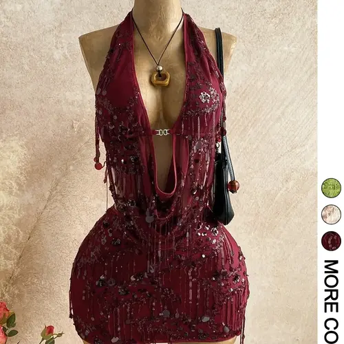 Women's Y2K Style Sleeveless Sequin Fringe Halter Crop Top & Mini Skirt Set, Mesh Sheer Two-Piece Outfit, Party Nightclub Rave Wear, Bodycon Set