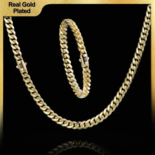Holylegend 14K Real Gold-Plated Royal Monaco Cuban Necklace and bracelet set, Italian Jewelry for Men & Women, Gift for Fashion Lovers,Father's Day Gift