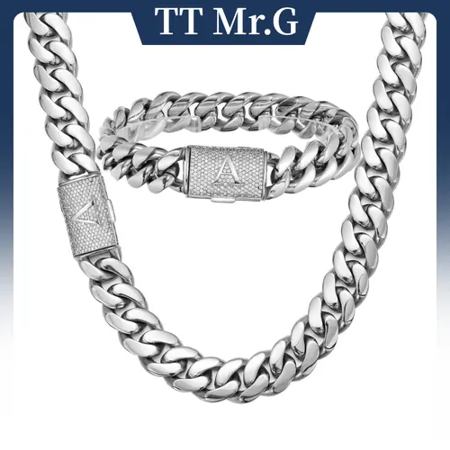 Silver Stainless Steel Cuban Link Chain & Bracelet Set for Men, 14mm Heavy Miami Cuban with A–Z Initial Letter Clasp, Gothic Punk Hip Hop Style, Personalized Matching Jewelry Set Gift for Him, Bold Statement Daily Wear summerwins