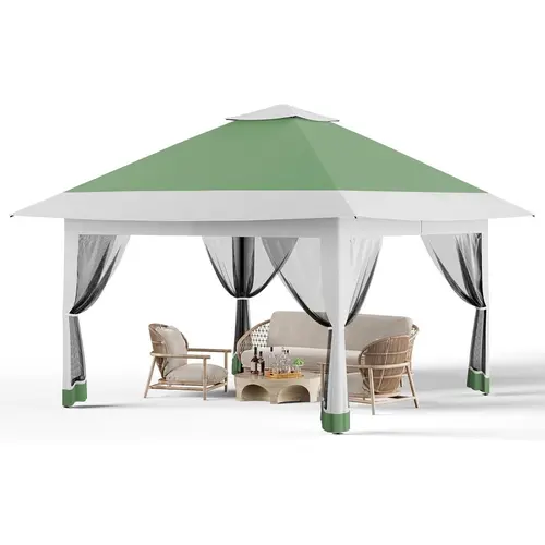 12x12 Instant Outdoor Shade Canopy Tent - Patio Furniture with 4 Sandbags, Double Tiers, Mesh Netting for Lawn, Garden, Backyard (Khaki),summerwins