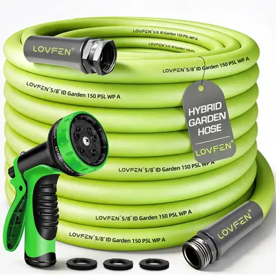 LOVFEN 100Ft 5/8 Inch x 150 PSI Flexible Leakproof Rubber and Plastic Garden Hose| Durable Green Hose for Home, Outdoor, Lawn, Patio| Safe Drinking Water, American Standard Threaded Connections