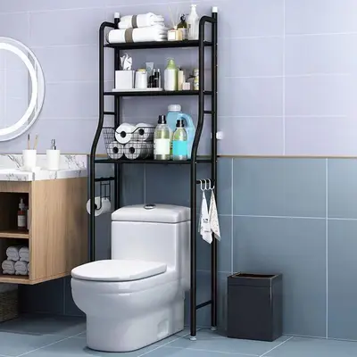3-Tier Over The Toilet Storage, Over Toilet Bathroom Organizer, Freestanding Metal Bathroom Shelves, Over The Toilet Organizer with Hooks and Paper Holder, Space-Saving, Black,summerwins