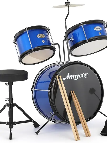 Gaomon 3-Piece Wooden Kids Drum Set, Including Cymbal, 2 Drumsticks, Pedal, 2 Toms, Throne Stool, Blue Round Steel Musical Instrument for Boys and Girls,summerwins