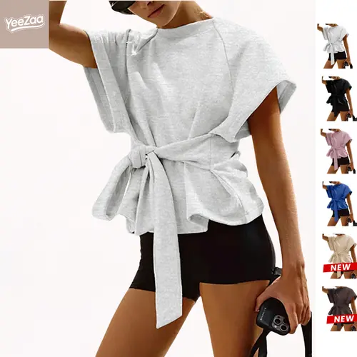 YeeZaa Women's Tie Knot Wrap Top 4th of July Holiday Summer 2026 Short Sleeve Sweatshirt Crewneck Lightweight Dropped Shoulders Scoop Neckline Casual Athleisure Tee Fashion Clothes for Workout Lounging Everyday Wear summerwins