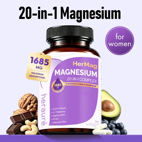 HerAure 20-in-1 Magnesium Complex 1685mg - BrainFog Relief, Reduce Overthinking & Calm Mind, StressRelief & Sleep Comfort, Digestion, Muscle & EnergySupport, 12 Forms of Magnesium, B6, Zinc & SlipperyElm, beach essentials, Deals For You Days，G summeressen