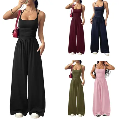 Women's Casual One Piece Jumpsuits Sleeveless Wide Leg Summer Romper Workout Jumpsuits for Comfortable Everyday Wear