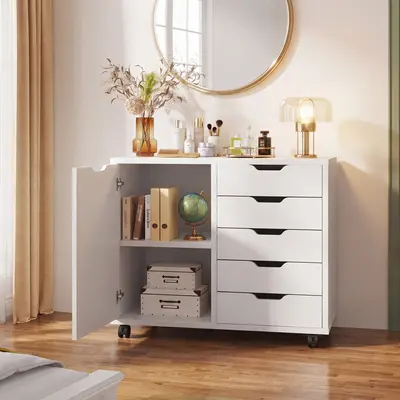 5 Drawer Wood Cabinet Drawers Organizer with Wheels Rolliing, Under Desk Cabinets with Shelves and Door Printer Stand with Wood Board Metal Frame for Home Office Storage Craft Room, Black